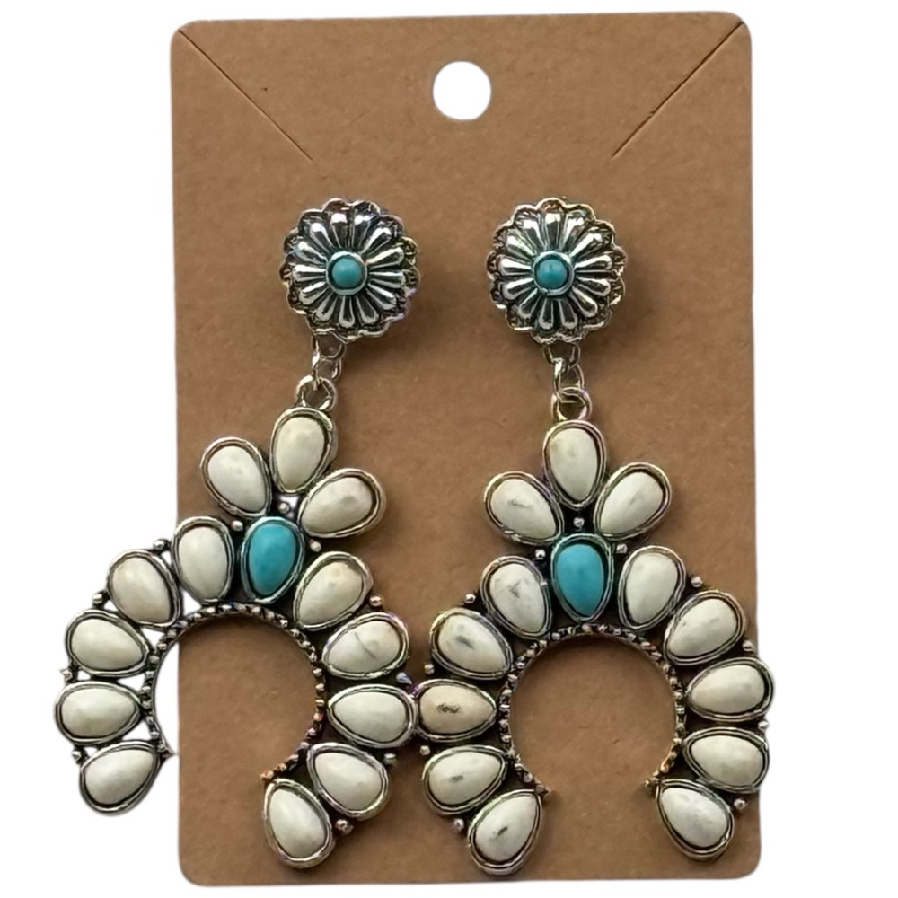 Turquoise Concho Drop Earrings Western Boho Silver Tone Teardrop Statement‎